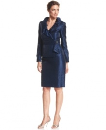 An elegant affair calls for all-out glamour. A sparkling removable brooch puts the finishing touch on this refined, ruffled suit from Kasper. An elegant affair calls for all-out glamour. A sparkling removable brooch puts the finishing touch on this refined, ruffled suit from Kasper.