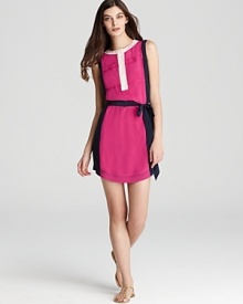 Channeling this season's sports-luxe style, this Tory Burch dress makes delicate silk bold with neon colorblocking and a chic belted waist.