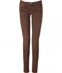 Stylish skinny pant in brown stretch corduroy from cult label Current Elliott - Fine wale - Ultra-slim, feminine fit - -Low rise hits at hip- Five pocket detail, wide belt loops - A sexy, flattering wardrobe staple - Pair with blazers, long cardigans and cashmere pullovers - Inseam: 32.7 - Front rise: 8.7 - Back rise: 12.2 - Leg width 5.9 Shown is size 27 Material: 98%Cotton 2%Elastane