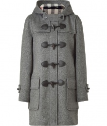 The perfect fusion of form and function, Burberry Brits medium grey Minstead duffle coat is a timeless investment in iconic heritage style - Slim, straight cut hits mid-thigh - Classic leather toggle closure, signature Burberry check-lined hood and oversize flap pockets at hips - A modern must ideal for any number of occasions - Pair with everything from jeans and a cashmere pullover to suit trousers and a blazer