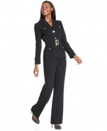 A new take on safari chic, Tahari by ASL's pantsuit mixes utility pockets with a chic belted silhouette for a weekday look that's perfectly polished. A new take on safari chic, Tahari by ASL's pantsuit mixes utility pockets with a chic belted silhouette for a weekday look that's perfectly polished.