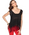 Layered fringe adds a boho-rock look to this boxy Kensie top -- perfect for on-trend spring style!