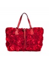 Exquisitely crafted with allover satin textural roses, Valentinos radiant red tote guarantees a romantic and covetable edge to every outfit - Tonal leather trim, embossed logo plaque, flat leather double top handles, leather top strap with double ring hardware, inside zippered back wall pocket, two front wall slot pockets, platinum-toned hardware, protective feet - Carry as a pretty polish to your most festive event