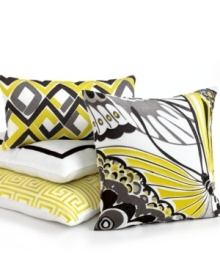 Coordinating perfectly with the Trellis Black comforter sets, this decorative pillow from Trina Turk features a black embroidered border on a crisp white background. Tufted at the center with a covered button. Coordinating perfectly with the Trellis Black comforter sets, this decorative pillow from Trina Turk features a black embroidered border on a crisp white background. Tufted at the center with a covered button.