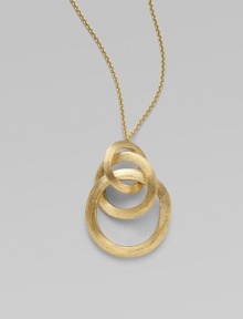 From the Jaipur Links Collection. Stunning 18k gold rings, one larger than the next, dangle intertwined from a delicate link chain. 18k gold Length, about 16½ Pendant length, about 1½ Pendant width, about 1 Lobster clasp Made in Italy From the Jaipur Links Collection. Stunning 18k gold rings, one larger than the next, dangle intertwined from a delicate link chain. 18k gold Length, about 16½ Pendant length, about 1½ Pendant width, about 1 Lobster clasp Made in Italy