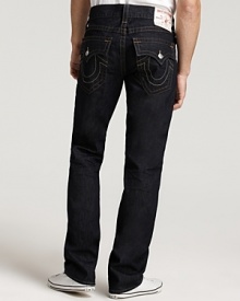 True Religion's straight leg, low rise jeans with signature horseshoes pocket styling in a bold, dark wash. True Religion's straight leg, low rise jeans with signature horseshoes pocket styling in a bold, dark wash.