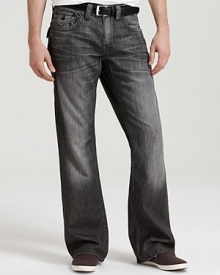 True Religion's straight leg jeans with signature horseshoe pocket styling in a silver wash. True Religion's straight leg jeans with signature horseshoe pocket styling in a silver wash.
