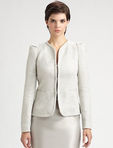 A tonal lurex melange, tailored in a sophisticated style and finished with subtle hook-and-eye closures.CollarlessOrigami folded shouldersHook-and-eye closuresSide welt pocketsFully linedAbout 22 from shoulder to hemCotton/viscose/acetate/polyamide/flax/polyesterDry cleanMade in Italy of imported fabricModel shown is 5'11 (180cm) wearing US size 2. A tonal lurex melange, tailored in a sophisticated style and finished with subtle hook-and-eye closures.CollarlessOrigami folded shouldersHook-and-eye closuresSide welt pocketsFully linedAbout 22 from shoulder to hemCotton/viscose/acetate/polyamide/flax/polyesterDry cleanMade in Italy of imported fabricModel shown is 5'11 (180cm) wearing US size 2.
