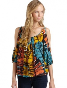 THE LOOKMulticolor leaf printScoopneckCutout shouldersThree-quarter length sleeves with elastic cuffsCurved hemTHE FITAbout 25 from shoulder to hemTHE MATERIALSilkCARE & ORIGINDry cleanMade in USAModel shown is 5'8 (172½cm) wearing US size Small. 