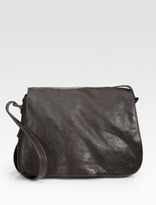 Calfskin leather messenger with full flap closure.Flap closureAdjustable shoulder strap15¾W x 11H x 6DMade in Italy Calfskin leather messenger with full flap closure.Flap closureAdjustable shoulder strap15¾W x 11H x 6DMade in Italy