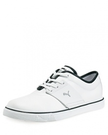 Lace up sneaker with perforated detail all over. Embossed logo on the side. White on white with navy tipping. Durable rubber sole. Lace up sneaker with perforated detail all over. Embossed logo on the side. White on white with navy tipping. Durable rubber sole.