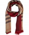 Perfect for taking through all four seasons, Burberry Londons rich red claret detailed scarf is an elegant way to wear the brands covetable check - Tonal red border with printed stitching, logo print on check, frayed ends - Wrap around sophisticated looks both indoors and out