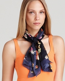 Butterflies, insects and flowers decorate this sheer oblong scarf for a whimsical touch.