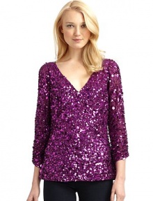 THE LOOKV necklineLong sleeves with ruched detailAllover sequin embellishmentInvisible back zip with hook-and-eye closureTHE FITAbout 25 from shoulder to hemTHE MATERIALPolyesterFully linedCARE & ORIGINSpot cleanImportedModel shown is 5'11 (180cm) wearing US size 4.