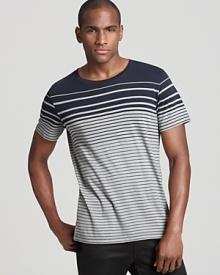 In ultra luxe pima cotton, a striped tee from Theory adds an urbane accent to casual basics. In ultra luxe pima cotton, a striped tee from Theory adds an urbane accent to casual basics.