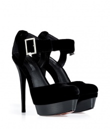 Finish your look on an ultra glamorous note with Rachel Zoes jet black velvet platform pumps - Rounded toe, buckled ankle strap, cut-out back counter, stacked leather platform and heel - Pair with chic cocktail dresses and shimmering metallic accessories