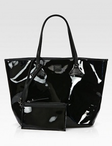 Vegan-friendly patent PVC in a roomy top-handle carryall, perfectly sized for all your essentials.Double top handles, 8 dropOpen topProtective metal feetOne detachable zip pouchTwo inside open pocketsFully lined12½W X 11H X 8DMade in Italy Vegan-friendly patent PVC in a roomy top-handle carryall, perfectly sized for all your essentials.Double top handles, 8 dropOpen topProtective metal feetOne detachable zip pouchTwo inside open pocketsFully lined12½W X 11H X 8DMade in Italy