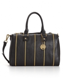 A bag of a different stripe, the chic Woodstock features goldtone decorative zips on a classic pebbled satchel silhouette. A bag of a different stripe, the chic Woodstock features goldtone decorative zips on a classic pebbled satchel silhouette.