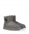 A stylish twist on a venerable classic, the UGG Australia grey Mini Bailey Button boot is a welcome addition to your cold weather casual wardrobe - Crafted from twin-faced sheepskin and featuring exposed seams, reinforced heel, traction outsole and signature Ugg label - Wooden button and elastic band closure - Fleece-lined for superior warmth and comfort - Newer, ankle-length height - Truly versatile, perfect for pairing with everything from skinny jeans to yoga pants to miniskirts