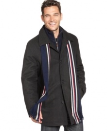 You'll be perfectly outfitted for any occasion with this walking coat from Tommy Hilfiger. A striped scarf adds some color to your cold-weather style. You'll be perfectly outfitted for any occasion with this walking coat from Tommy Hilfiger. A striped scarf adds some color to your cold-weather style.