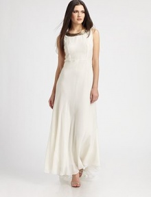 Layers of airy chiffon and a shimmery embroidered neckline define this floor-length silhouette.Beaded jewel necklineSleevelessConcealed side zipFully linedAbout 40 from natural waistPolyesterDry cleanImportedModel shown is 5'11 (180cm) wearing US size Small. 