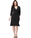 A slimming faux wrap style defines Elementz' three-quarter sleeve plus size dress-- wear it from desk to diner. (Clearance)