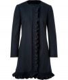 With its feminine flounce and chic navy coloring, Valentino R.E.D.s ruffle detailed wool-blend coat is an elegant way to give your look that flawless ladylike polish - Collarless, long sleeves, hidden front snap closures, side slit pockets, ruffled trim down the front and around the hemline - Fitted - Wear over a tailored sheath with a clutch and high-heels