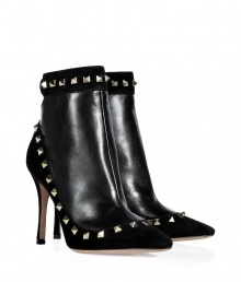 Give your look a kick of covetable glamour with Valentinos jet black suede and leather pointy toe boots, finished with iconic rockstud trim - Snapped ankle strap, cut-out with back zip - Pair with pencil skirts for work, or with cool cocktail dresses for evening elegance