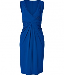 The classic cocktail sheath gets a sultry twist - literally - with this cool-hued draped iteration from Michael Kors - V-neckline, sleeveless, crisscross front with front waistline drape, knee-length skirt, concealed back zip closure - Fitted draped silhouette - Style with strappy pumps, a sleek evening trench, and an embellished clutch