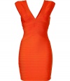 Sultry mandarin bandage dress from Herv? L?ger - Accentuate your curves in this bold bandage style dress - Slim mini-silhouette, cap sleeves, crisscross detail, exposed back zip closure - Pair with fishnets, a faux fur jacket, and metallic platforms