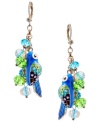 Polly want a cracker? Only Betsey Johnson would turn brightly-hued parrots into fashion-forward drop earrings. Crafted in gold-plated mixed metal with crystal accents and blue and green faceted bead clusters on ear wire. Approximate drop: 2-1/2 inches.