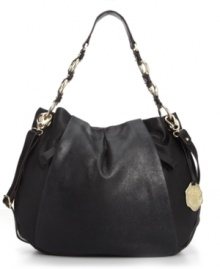 A graceful fusion of textures lends a polished feel to the Cristina Hobo from Vince Camuto. The softly rounded shape has a pleated center area with a subtle glossy finish. A leather and chain handle add a delicate edge. A graceful fusion of textures lends a polished feel to the Cristina Hobo from Vince Camuto. The softly rounded shape has a pleated center area with a subtle glossy finish. A leather and chain handle add a delicate edge.