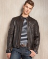 Don't step out without the classic style of this distressed leather motorcycle jacket from Kenneth Cole.