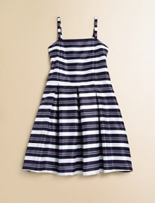 She'll be the belle of the ball in this flouncy, frilly, striped frock.SquareneckSpaghetti strapsHidden back zipperPleated, full skirtPolyester shantungMachine wash; dry flatImported She'll be the belle of the ball in this flouncy, frilly, striped frock.SquareneckSpaghetti strapsHidden back zipperPleated, full skirtPolyester shantungMachine wash; dry flatImported