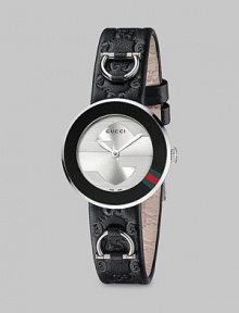 From the U-Play Collection. A Gucci-striped bezel, classic horsebits, and logo-embossed leather strap come together in one sophisticated timepiece.Swiss quartz movement Water resistant to 3 ATM Black bezel with stripes at 4 o'clock Round stainless steel case, 27mm, (1.06) Silver dial Anti-reflective coating Guccissima leather strap Ardilion closure Made in Switzerland