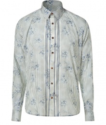 Bring luxe style to your workweek look with this striped button down from Ermanno Scervino - Spread collar, front button placket, all-over stripe pattern with floral accents, curved hem, slim fit - Style with trousers, a blazer, and oxfords Bring luxe style to your workweek look with this striped button down from Ermanno Scervino - Spread collar, front button placket, all-over stripe pattern with floral accents, curved hem, slim fit - Style with trousers, a blazer, and oxfords