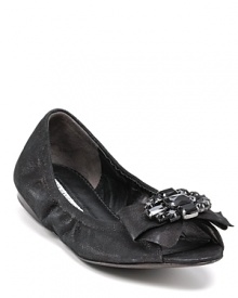 Soft, shimmering suede lends understated glamour, while a bow and brooch detail offer sophisticated and feminine charm. From Vera Wang Lavender Label. Soft, shimmering suede lends understated glamour, while a bow and brooch detail offer sophisticated and feminine charm. From Vera Wang Lavender Label.