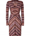 Classically Missoni, this super flattering retro-inspired frock is a new season must-have - V-neck, long sleeves, fitted bodice, wide waistband, A-line skirt, front and back seaming detail, all-over zigzag print - Pair with a chunky knit cardigan and high heel booties