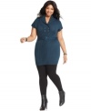 Stay chic in cooler temps with Extra Touch's short sleeve plus size tunic sweater, cinched by a belted waist.