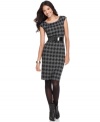A large-scale houndstooth print combines with a polished patent belt to create a fall-ready dress from Elementz.