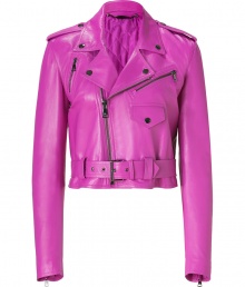 Make a stunning new season debut in Ralph Lauren Collections hyacinth pink lambskin biker jacket, an ultra contemporary take on one of this seasons must-have styles - Notched collar with snaps, long sleeves, zippered cuffs, snapped epaulettes, off-center front zip, zippered slit pockets, snapped flap pocket, belted waistline - Cropped, tailored fit - Wear over everything from jeans and tees to tailored sheath dresses and heels Make a stunning new season debut in Ralph Lauren Collections hyacinth pink lambskin biker jacket, an ultra contemporary take on one of this seasons must-have styles - Notched collar with snaps, long sleeves, zippered cuffs, snapped epaulettes, off-center front zip, zippered slit pockets, snapped flap pocket, belted waistline - Cropped, tailored fit - Wear over everything from jeans and tees to tailored sheath dresses and heels