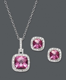 The ultimate declaration of femininity. Rich, pink hues create a look fit for a princess in Victoria Townsend's pretty jewelry set. Cushion-cut pink topaz (3 ct. t.w.) shimmers within a halo of diamond accents. Crafted in sterling silver. Approximate length: 18 inches. Approximate pendant drop: 3/4 inch. Approximate earring drop: 5/16 inch. The ultimate declaration of femininity. Rich, pink hues create a look fit for a princess in Victoria Townsend's pretty jewelry set. Cushion-cut pink topaz (3 ct. t.w.) shimmers within a halo of diamond accents. Crafted in sterling silver. Approximate length: 18 inches. Approximate pendant drop: 3/4 inch. Approximate earring drop: 5/16 inch.