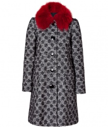 With retro-chic charm and a vibrant fur collar, this Moschino Cheap & Chic jacket will bring instant style to any look - Large fur spread collar, long sleeves, front button placket, patch pockets, A-line silhouette, all-over faint dot print - Wear with a fitted sheath and heels or skinny trousers and booties