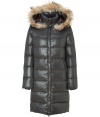 Stay warm while maintaining your impeccable style in this lightweight yet luxe down jacket from Duvetica - Fur-trimmed hood, stand collar, concealed front two-way zip closure, long sleeves, zip pockets, quilted, mid-thigh length - Wear with an elevated jeans-and-tee ensemble and shearling lined boots