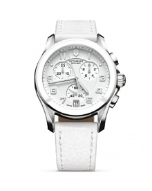 Check the time in striking fashion. With a white leather strap and sporty dial, Victorinox's army-inspired watch is a commanding accent for citified looks. Check the time in striking fashion. With a white leather strap and sporty dial, Victorinox's army-inspired watch is a commanding accent for citified looks.