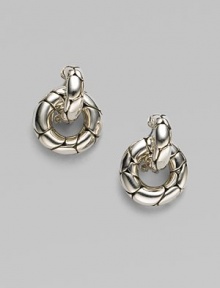 From the Kali Collection. Textured sterling silver in two chunky intertwined loops that create a doorknocker look. Sterling silver Length, about 1 Post-and-hinge back Made in Bali From the Kali Collection. Textured sterling silver in two chunky intertwined loops that create a doorknocker look. Sterling silver Length, about 1 Post-and-hinge back Made in Bali