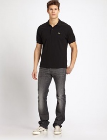 Treated manually to look worn in, a classic design dark wash style. Five pocket styleZip fly and button closureInseam, about 3598% cotton/2% elastaneMachine washImported
