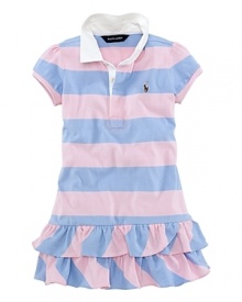 The sporty rugby shirt is the inspiration for a short-sleeved dress in striped cotton jersey, prettily finished with a flounced skirt. The sporty rugby shirt is the inspiration for a short-sleeved dress in striped cotton jersey, prettily finished with a flounced skirt.