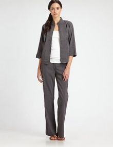 Cropped and boxy, in a sleek structural style rendered in a stretch linen blend.Band collarOpen frontThree-quarter sleeves with vented cuffsAbout 24 from shoulder to hem62% linen/36% viscose/2% spandexDry cleanImported of Italian fabricModel shown is 5'11 (180cm) wearing US size Small. Cropped and boxy, in a sleek structural style rendered in a stretch linen blend.Band collarOpen frontThree-quarter sleeves with vented cuffsAbout 24 from shoulder to hem62% linen/36% viscose/2% spandexDry cleanImported of Italian fabricModel shown is 5'11 (180cm) wearing US size Small.
