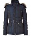 Stay warm in high style with this ultra-luxe down jacket from Belstaff - Stand collar, luxe fur-trimmed hood with snaps and toggle, front zip closure, quilting at shoulders and on sleeves, belted waist, zip pockets and cuffs, flap hip pockets - Style with skinny jeans and shearling booties